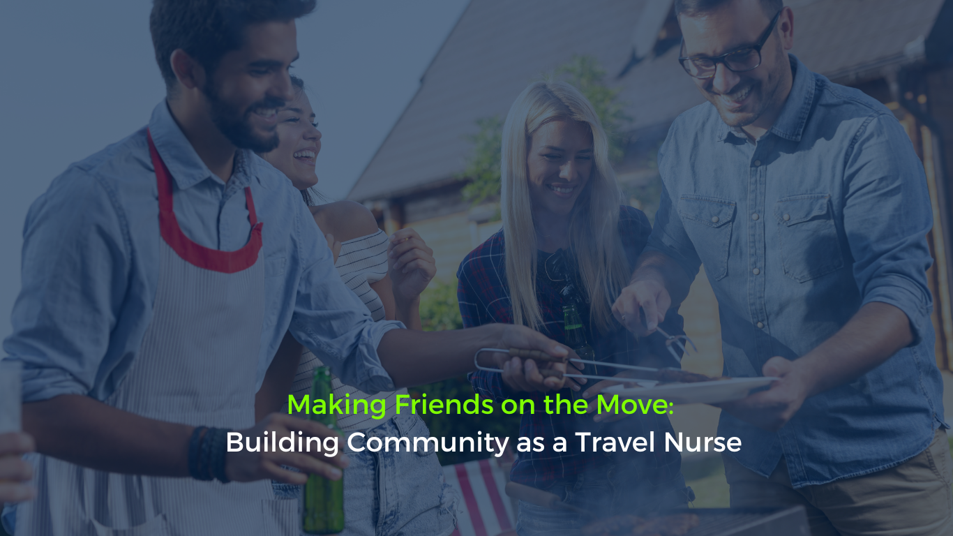 Travel nurses laughing and socializing at a casual get-together, highlighting friendship and community among healthcare travelers.