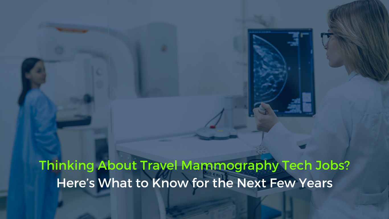Travel mammography technologist assisting a patient during a breast screening, illustrating the topic of travel mammography tech jobs