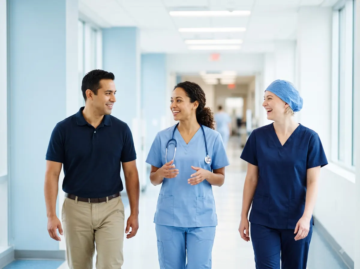 Healthcare professionals talking in a hospital corridor.