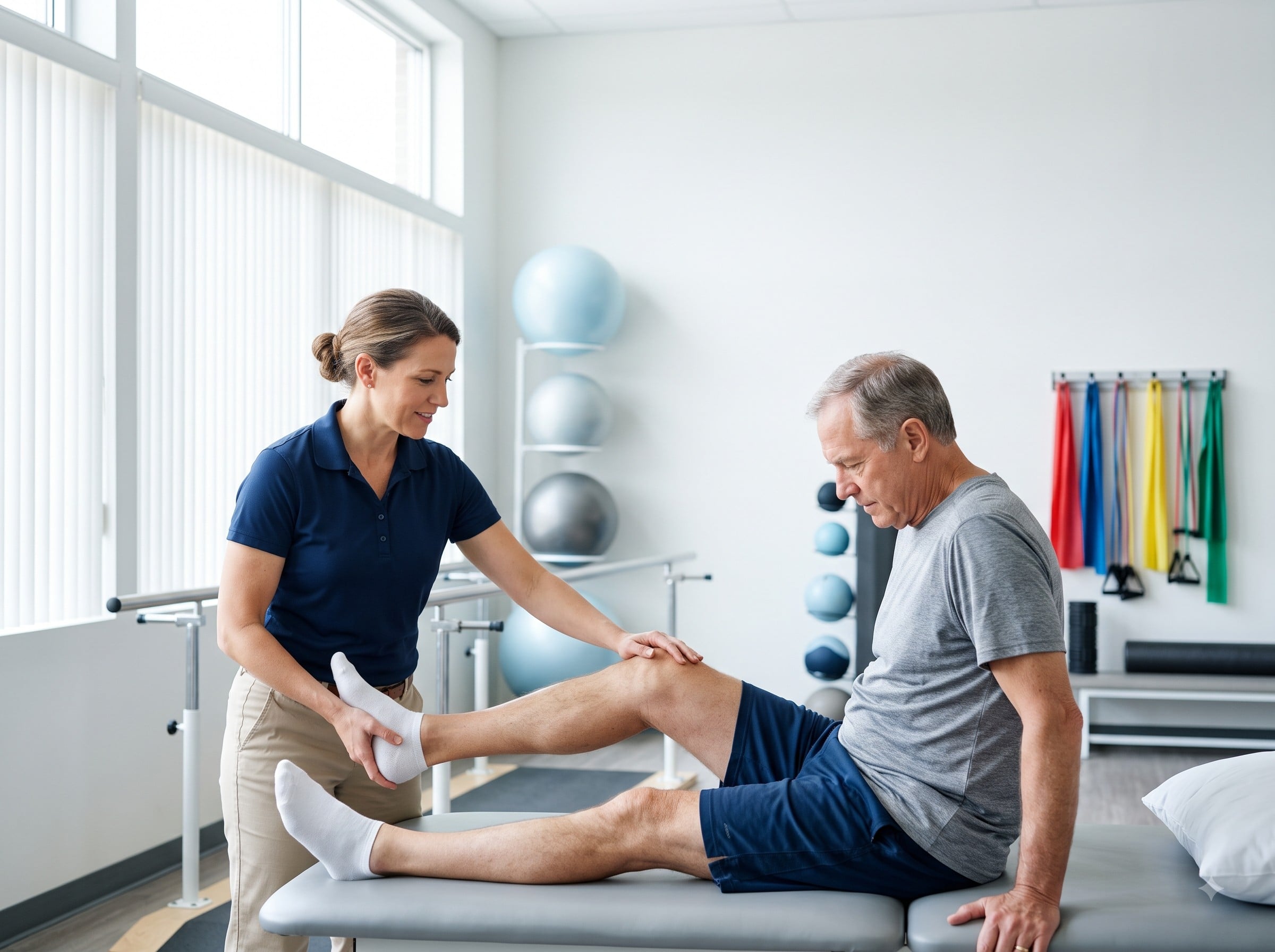 Physical therapist stretching a patient's leg in a clinic.