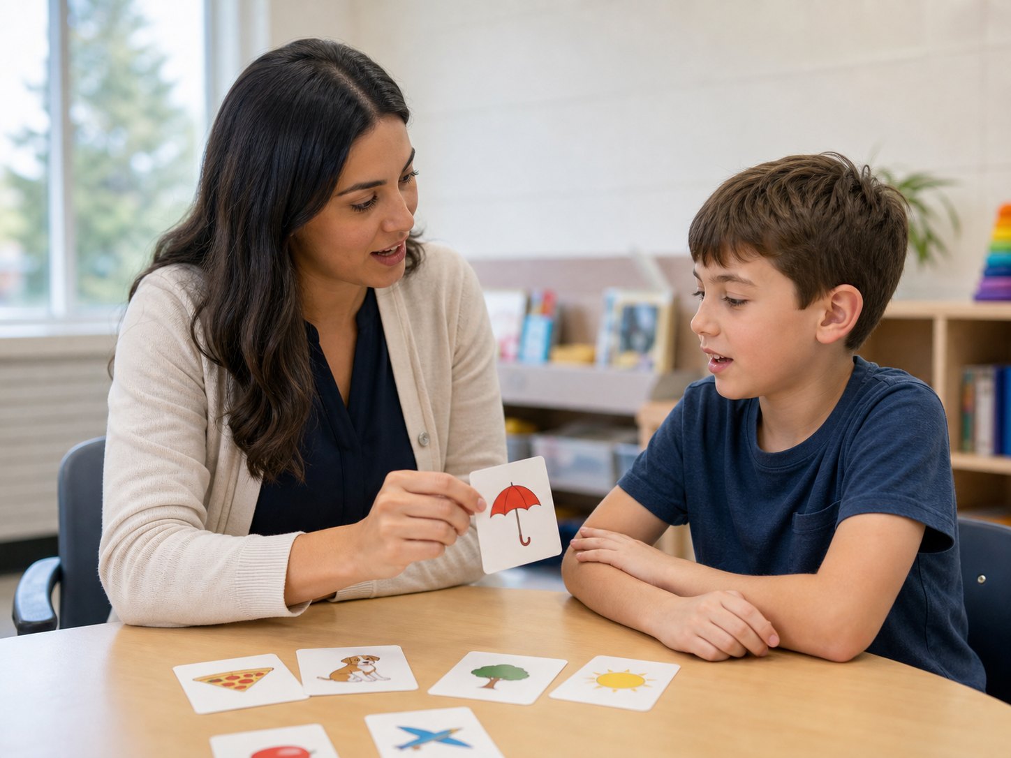 Speech-language pathologist working with a student in a school therapy room.