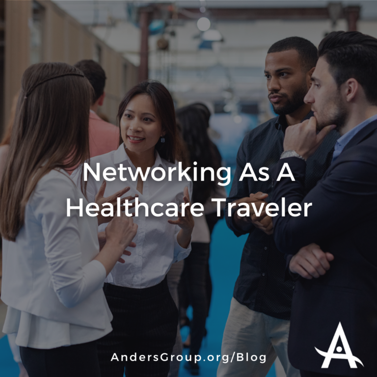 Blog titled 'Networking as a Healthcare Traveler' with an image of healthcare travelers networking at a professional event