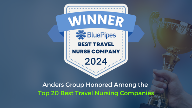 Badge of winner with text: 'Anders Group Honored Among the Top 20 Best Travel Nursing Companies.
