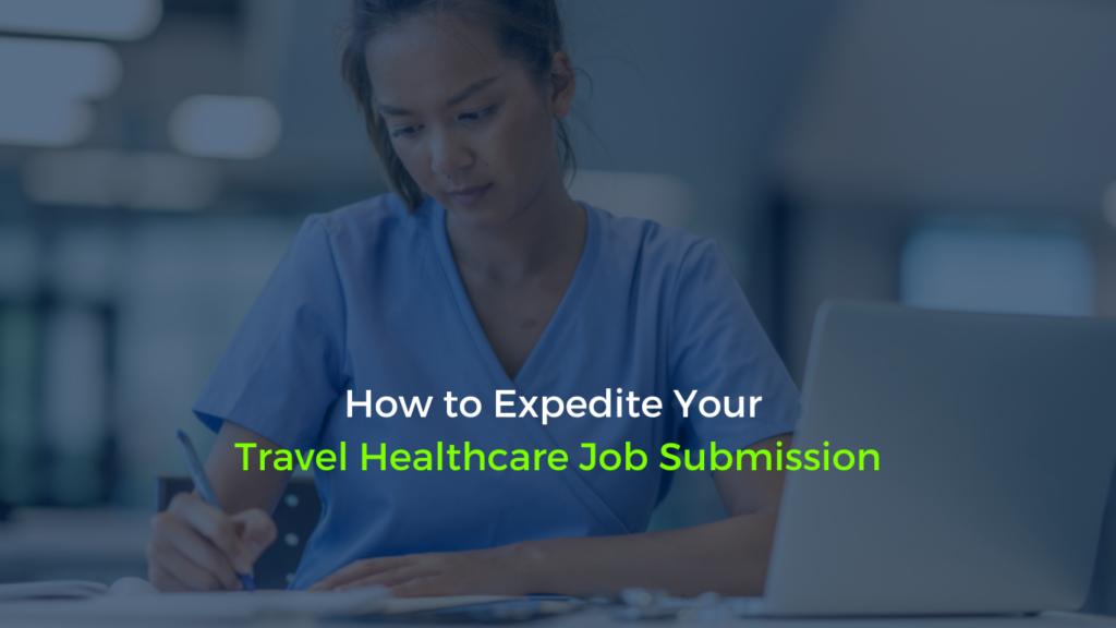 Healthcare traveler filling out a job submission form on her laptop, symbolizing the process of expediting applications for travel healthcare jobs