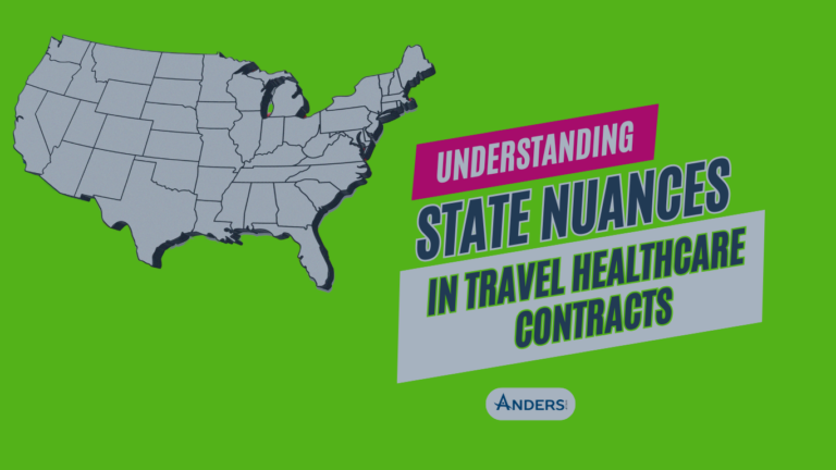 Blog header for 'Navigating Travel Healthcare: Understanding State Nuances' with visuals representing healthcare travel, U.S. states