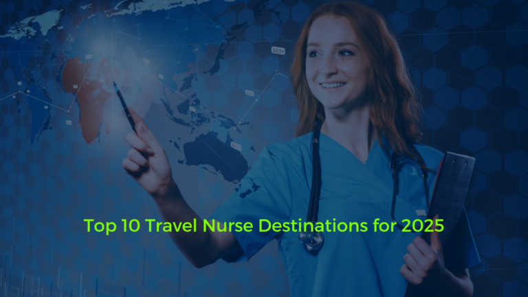 Blog image for 'Top 10 Travel Nurse Destinations for 2025' featuring a map of the United States with popular travel nurse locations highlighted