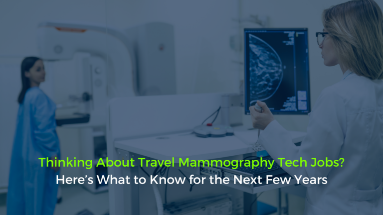Travel mammography technologist assisting a patient during a breast screening, illustrating the topic of travel mammography tech jobs