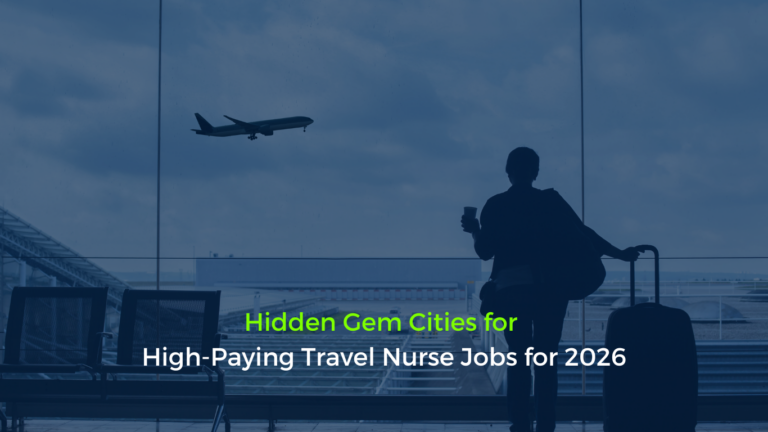 Travel nurse at an airport preparing for her next assignment, representing hidden gem cities with high-paying travel nurse jobs for 2026