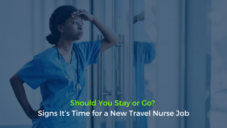 A thoughtful travel nurse , reflecting on her career choices, illustrating the blog ‘Should You Stay or Go? Signs It’s Time for a New Travel Nurse Job