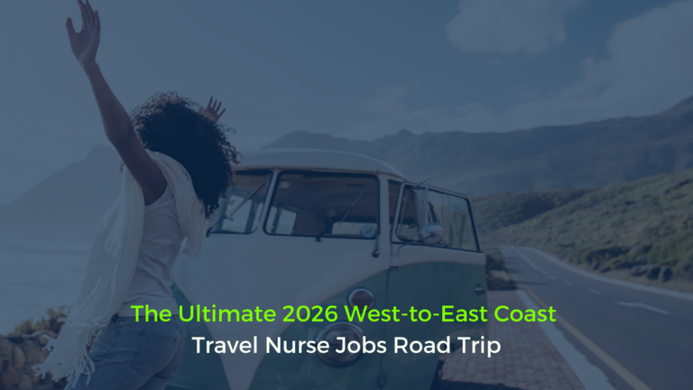 A travel nurse stands thoughtfully, looking out at a scenic coastal highway, reflecting on her future assignments. The image represents the blog “The Ultimate 2026 West to East Coast Travel Nurse Jobs Road Trip