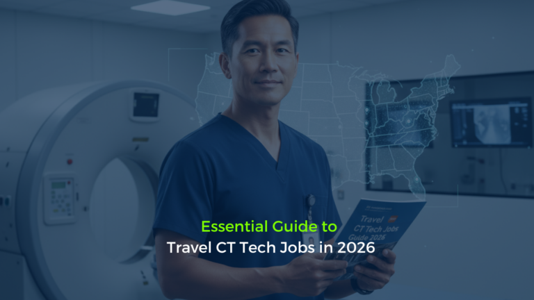 CT technologist holding a guide titled “Essential Guide to Travel CT Tech Jobs in 2026” in a clinical setting