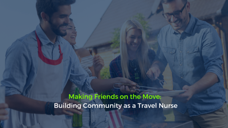 Travel nurses laughing and socializing at a casual get-together, highlighting friendship and community among healthcare travelers.