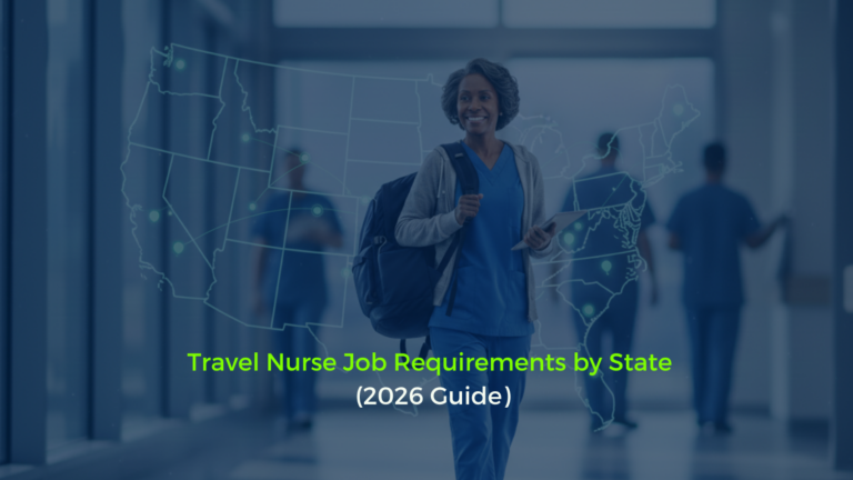 Illustration of a travel nurse standing in front of a U.S. map with states highlighted, representing the 2026 guide to travel nurse job requirements by state