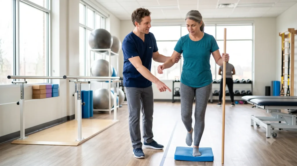 Physical therapist guiding a patient through a balance exercise in clinic