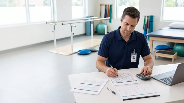 Travel physical therapist reviewing a contract comparison table with a calculator