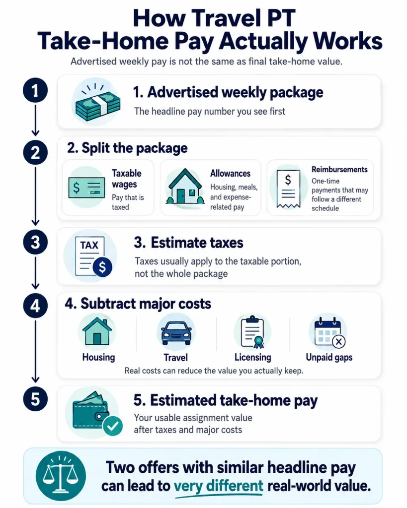 Infographic showing five steps to estimate travel PT take-home pay