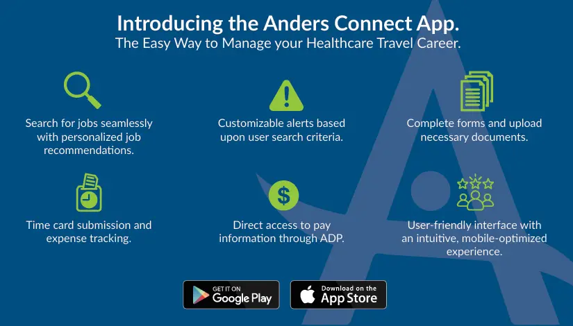 Anders Connect features: job search, onboarding, timecards, job alerts and pay information